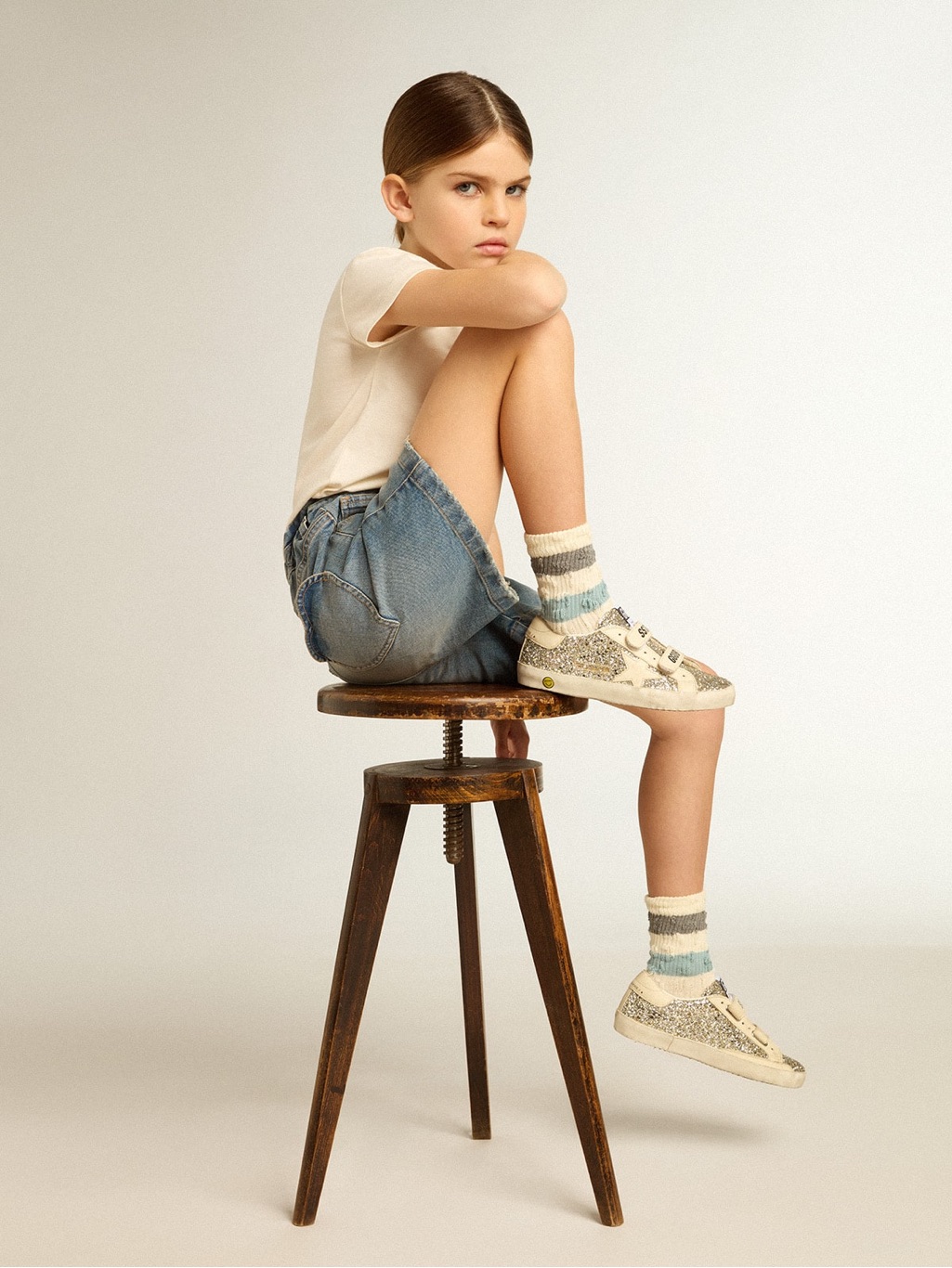 Golden Goose Kids Old School Sneaker In Cappuccino And Glitter
